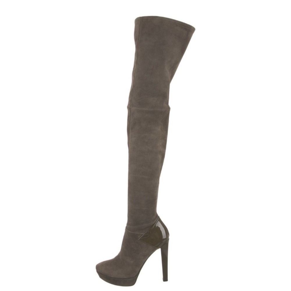 GUCCI Grey Karen Suede & Patent Leather Heel OTK Platform Boot - Picture 2 of 8